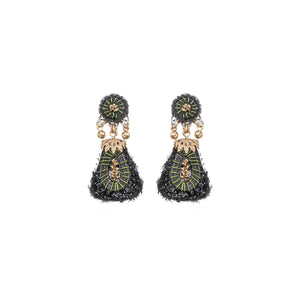 Pair of black and gold earrings on a white background