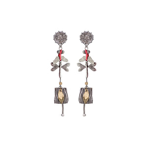 Pair of earrings with floral and bell design on a white background