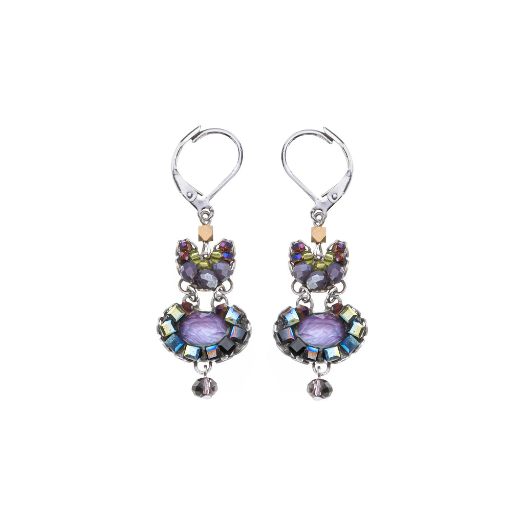 Pair of earrings with colorful gemstones on a white background