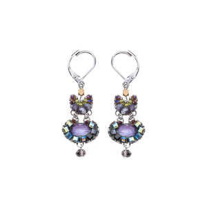 Pair of earrings with colorful gemstones on a white background