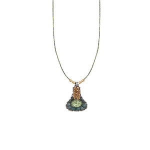 Add a pop of playful elegance to your outfit with the Ayala Bar Salama necklace. Made from delicate green fabric, this necklace is a unique statement piece that is sure to turn heads. Perfect for those who like to add a touch of quirkiness to their style. (No exclamation points needed!)