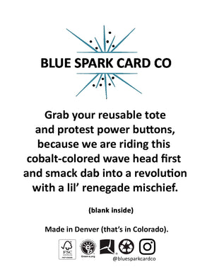 Promotional text for Blue Spark Card Co with branding and product information.