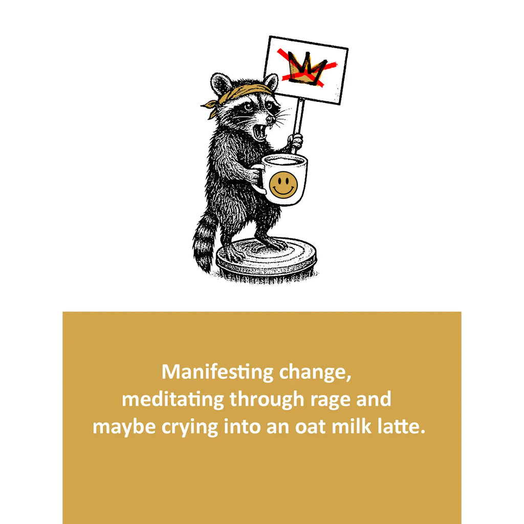 Illustration of a raccoon holding a coffee cup with a smiley face and a sign, with text on a white background.