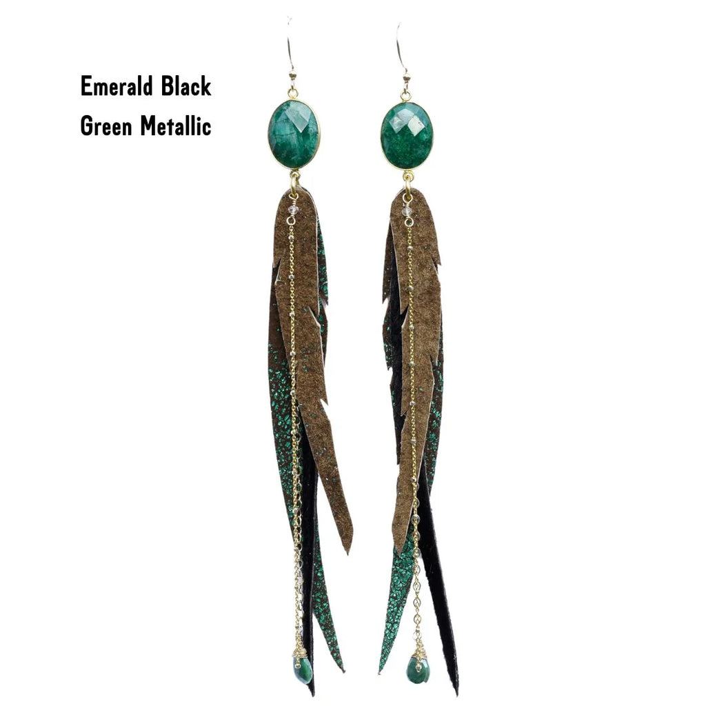 Leather and python pieces are hand-cut like the long feathers of a Quetzal bird. Paired with a glittering faceted gemstone set in 24k gold plated sterling, and two pieces of glittering chain, adorned with a semi-precious gem stone make these earrings a must-have. The styles are limited edition so don't sleep on one you love.