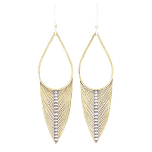 Hand-stamped feather blade earring in bronze with sterling beading.