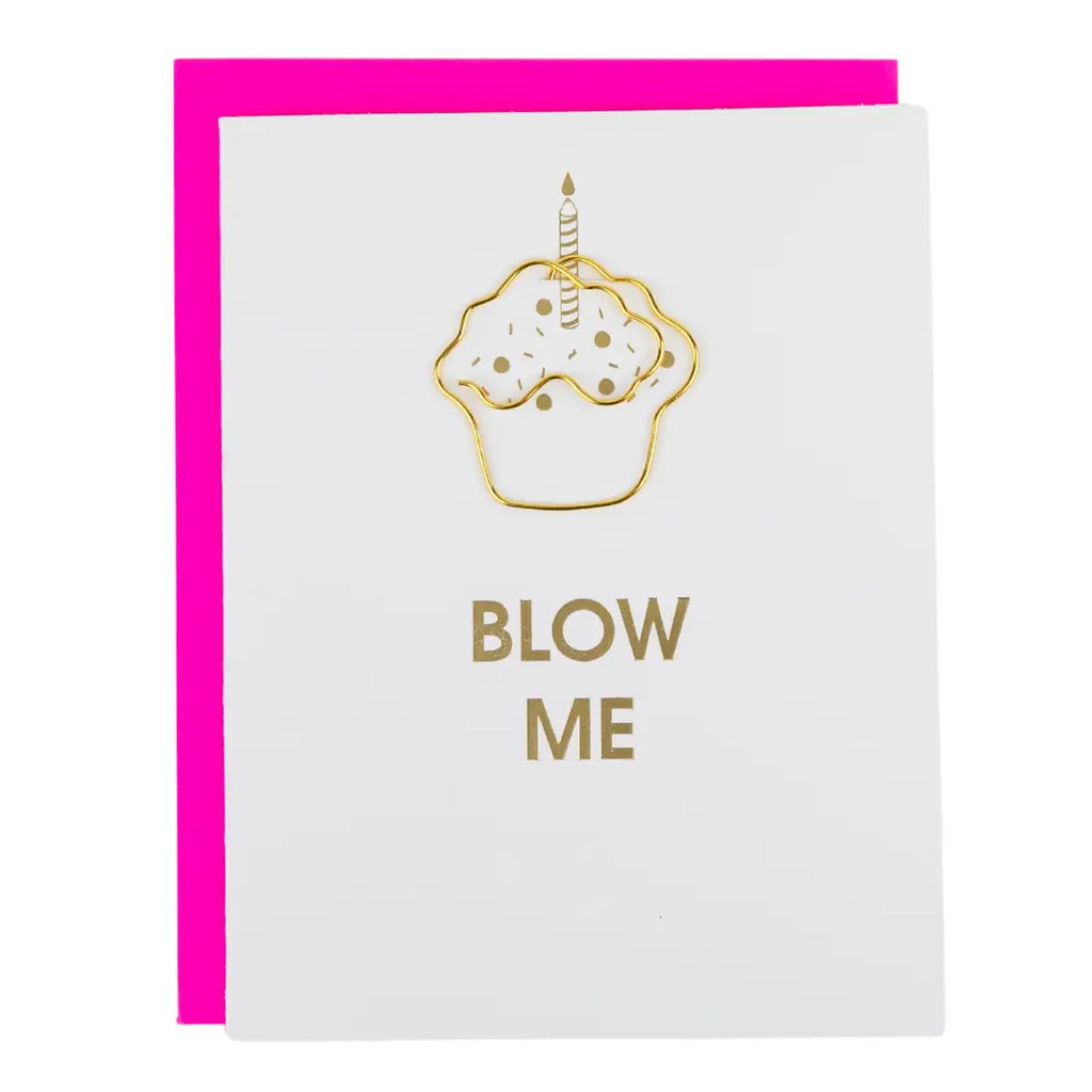 Greeting card with a gold cupcake illustration and 'BLow Me' text on a white background with pink border