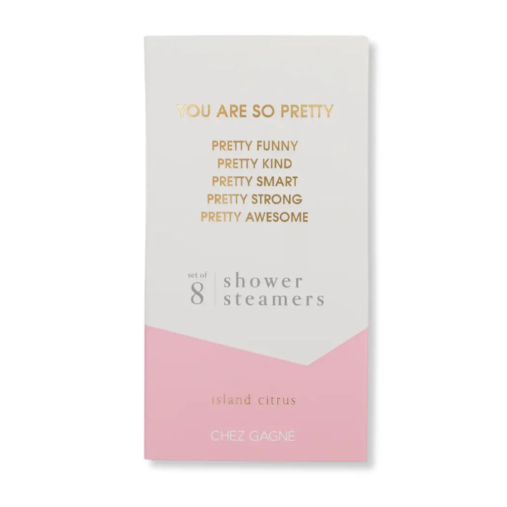 Box of shower steamers with text on a white background