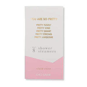 Box of shower steamers with text on a white background