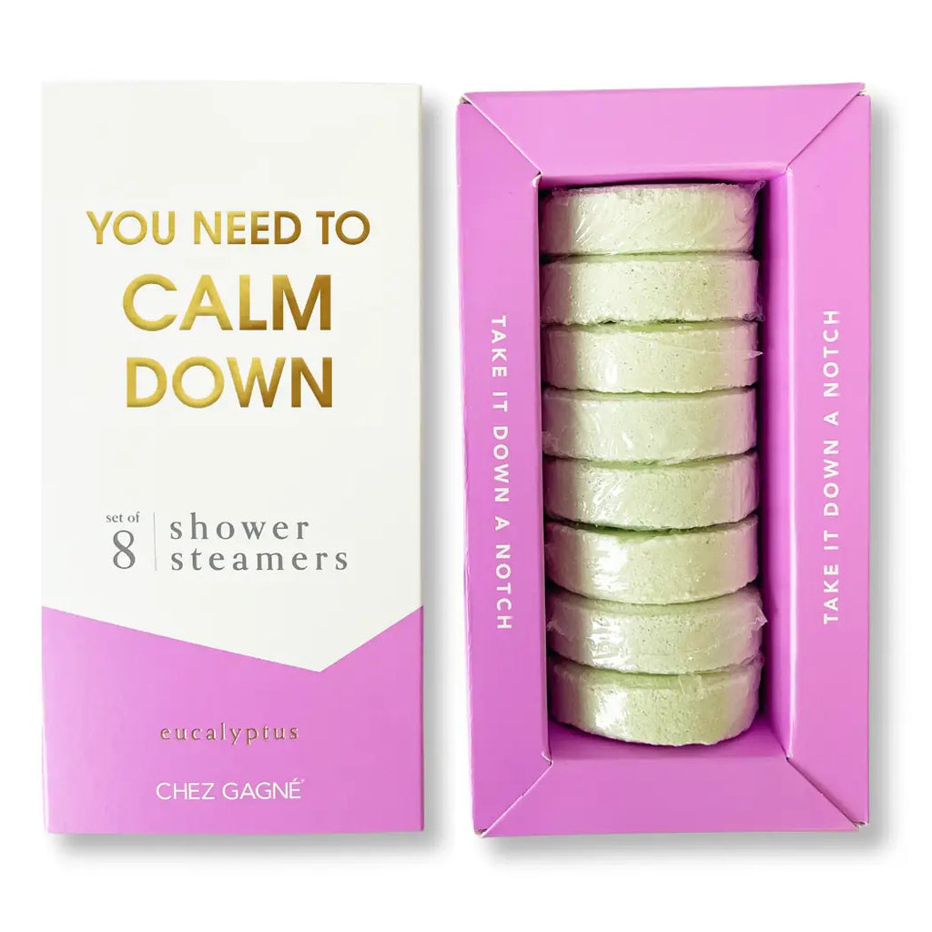 Pink box of shower steamers with eucalyptus scent, featuring 'Chez Gagne' branding.