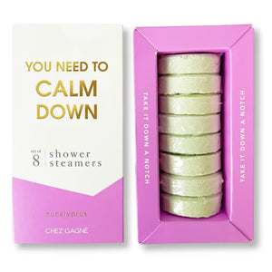 Pink box of shower steamers with eucalyptus scent, featuring 'Chez Gagne' branding.