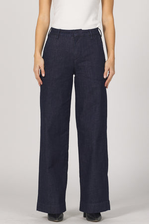 Dark blue pants worn by a person on a plain background