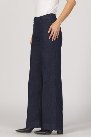 Navy wide-leg pants worn by a person on a white background