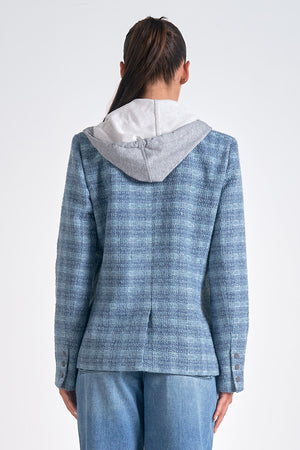 Introducing Elan's Manhattan blazer, the perfect blend of quirky and sleek! With a blue silver plaid design and a hidden hoodie, this blazer is both stylish and playful. Upgrade your wardrobe with this statement piece.