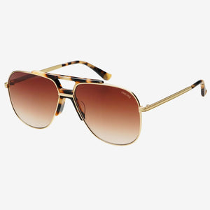 Aviator sunglasses with gold frame and brown gradient lenses on a white background