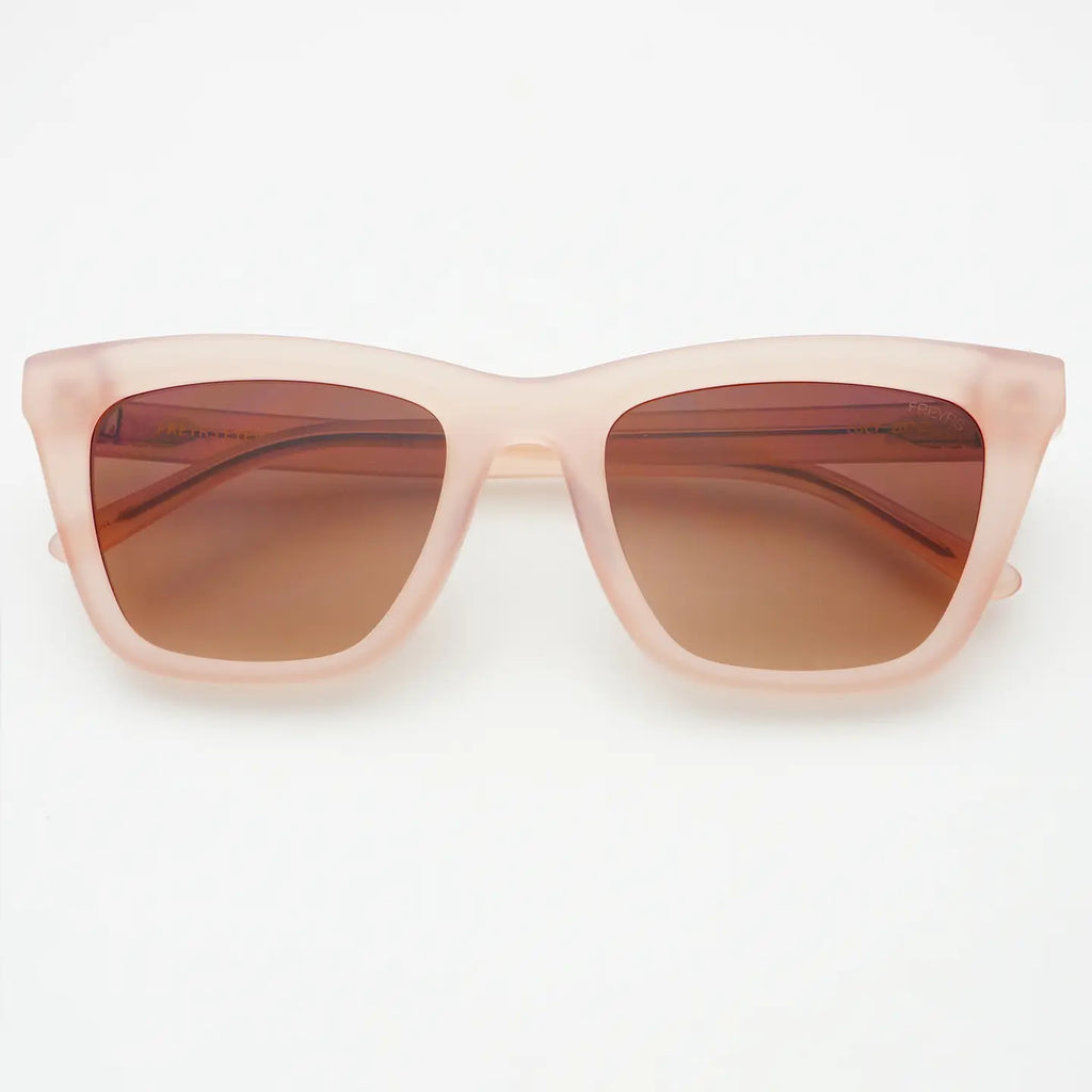 Sunglasses with a pink frame and brown lenses on a white background