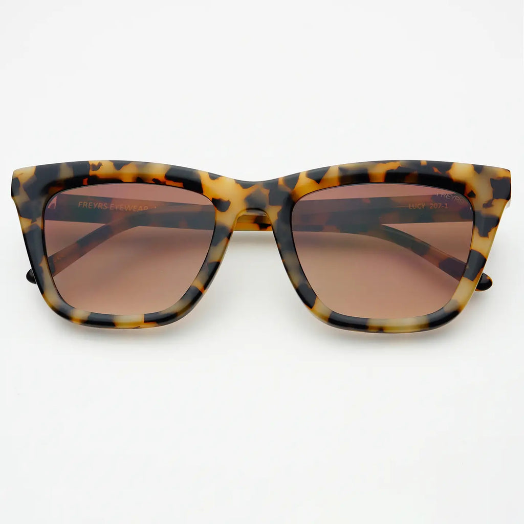 Sunglasses with tortoiseshell frame and brown lenses on a white background