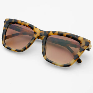 Sunglasses with tortoiseshell frame and brown lenses on a white background