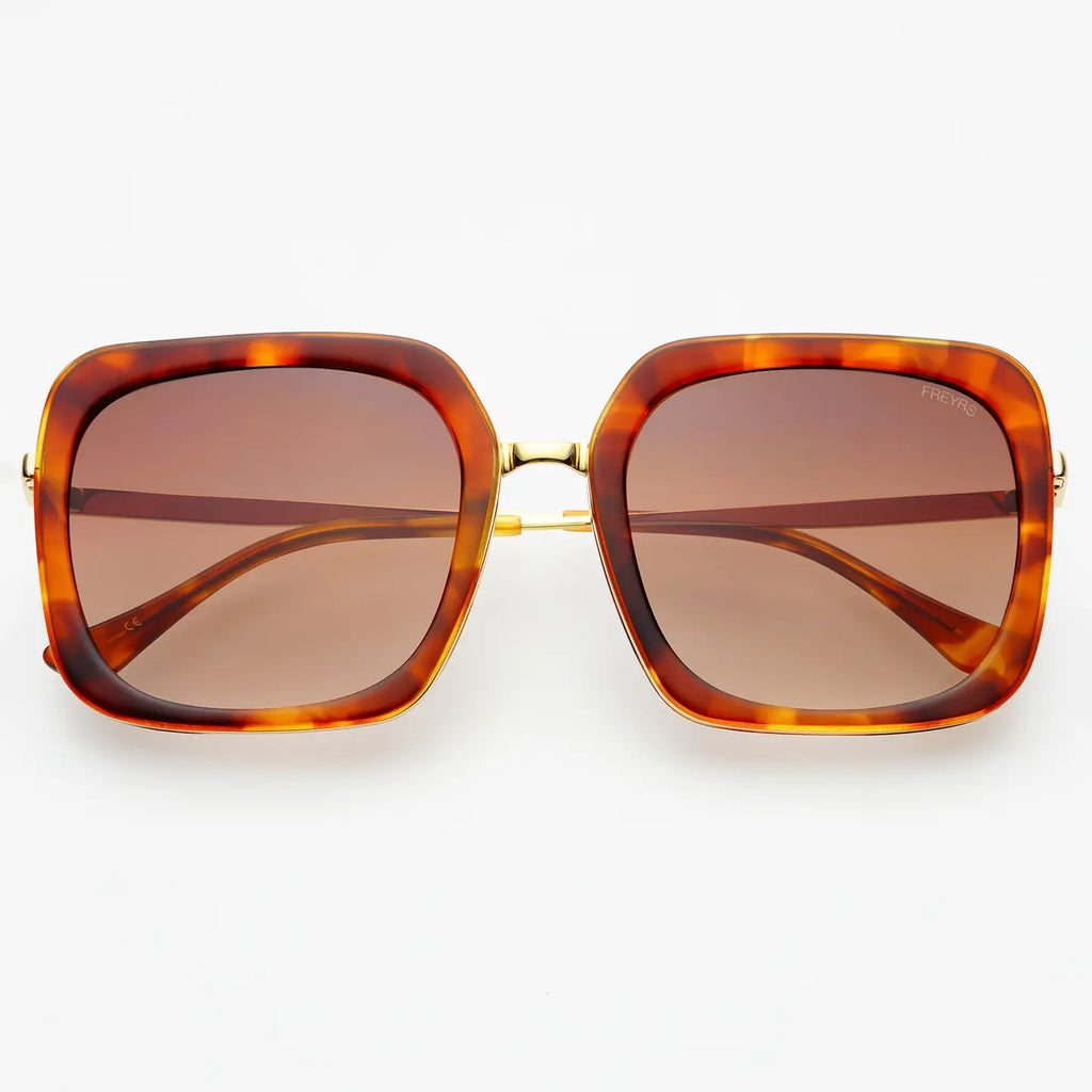 Sunglasses with tortoiseshell frame and brown lenses on a white background