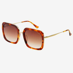 Sunglasses with tortoiseshell frame and brown gradient lenses on a white background