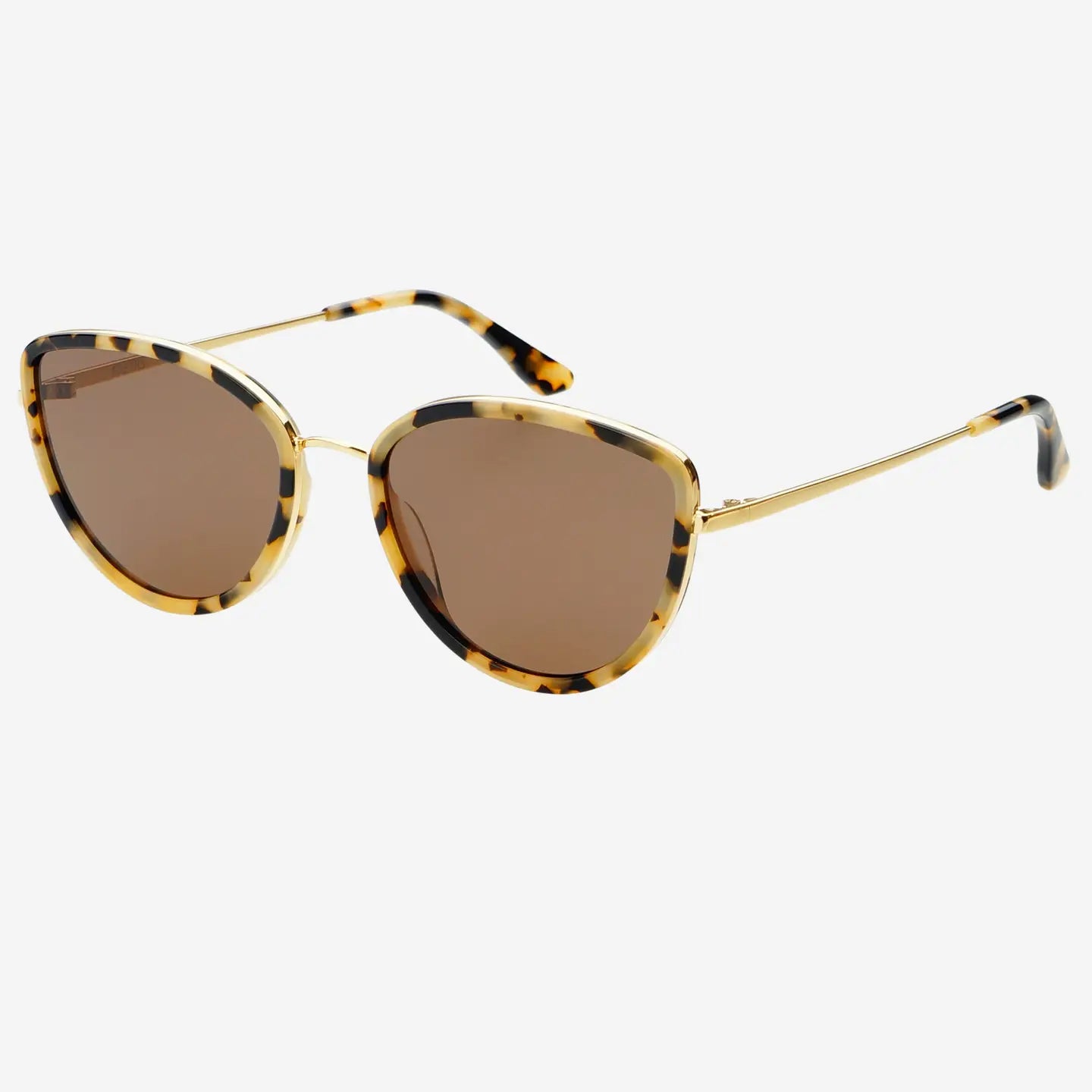 Sunglasses with tortoiseshell frame and brown lenses on a white background