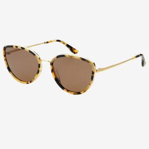Sunglasses with tortoiseshell frame and brown lenses on a white background