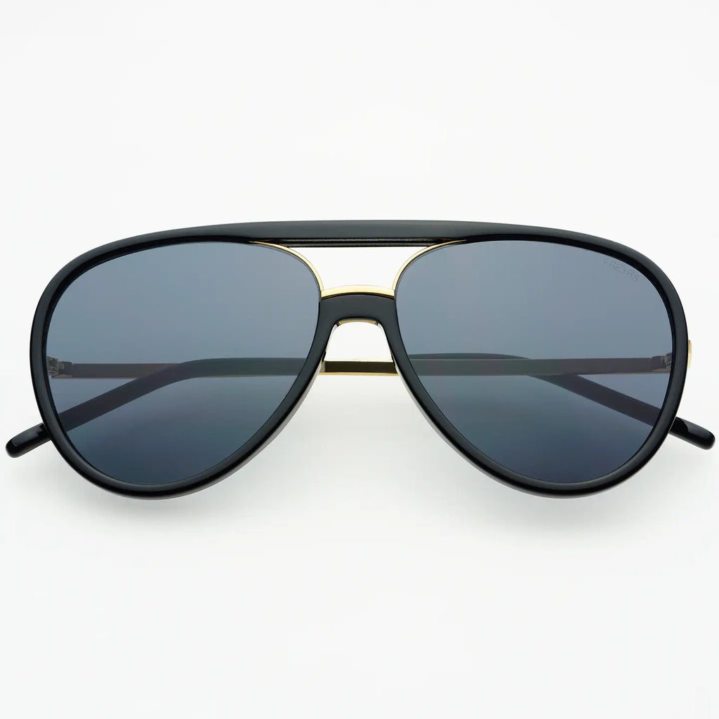 Aviator sunglasses with black frame and dark lenses on a white background