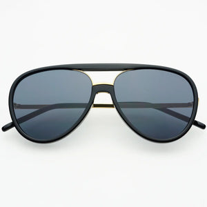 Aviator sunglasses with black frame and dark lenses on a white background