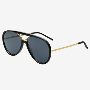 Black and gold sunglasses with dark lenses on a white background