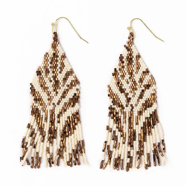 Pair of beaded earrings with a geometric pattern on a white background