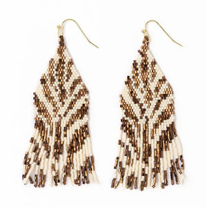 Pair of beaded earrings with a geometric pattern on a white background