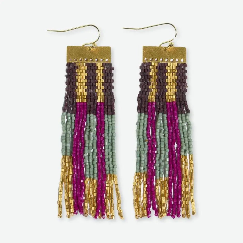 Colorful beaded earrings with gold accents on a white background