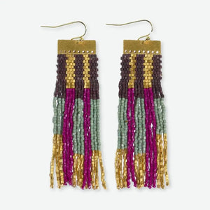 Colorful beaded earrings with gold accents on a white background