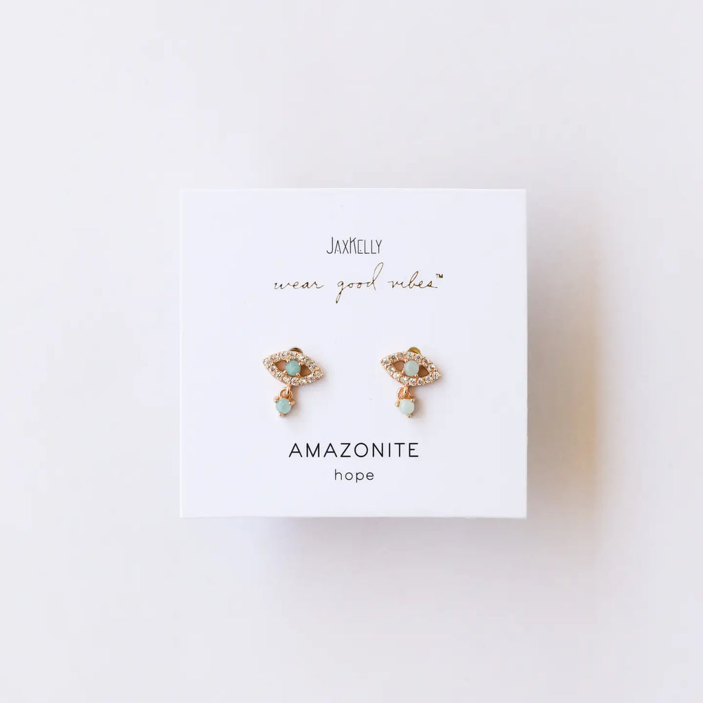 Pair of earrings on a 'Jaxtelly' branded card with 'Amazonite hope' text on a white background