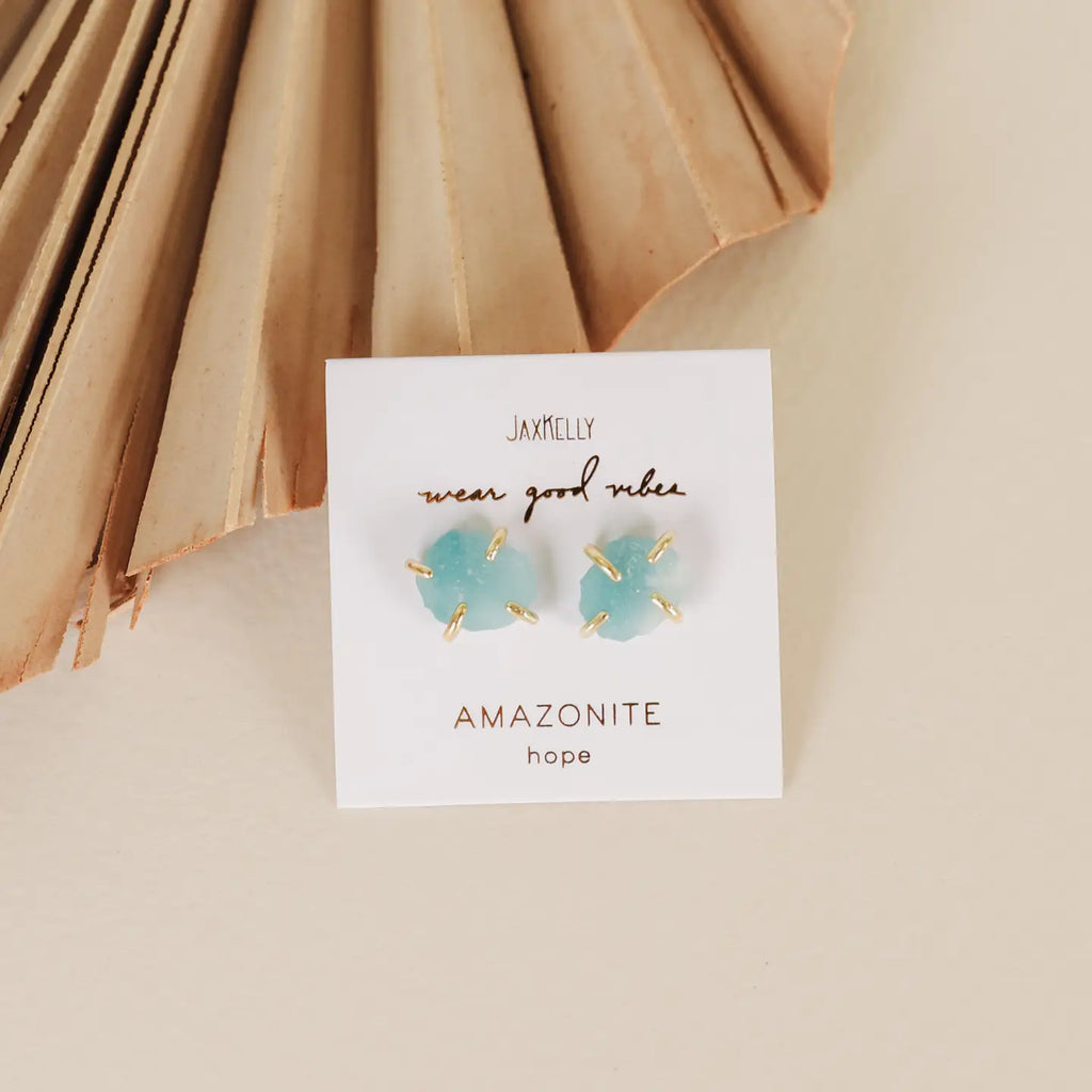 Pair of earrings on a 'Jax & Kelly' branded card with 'Amazonite' and 'Hope' text.