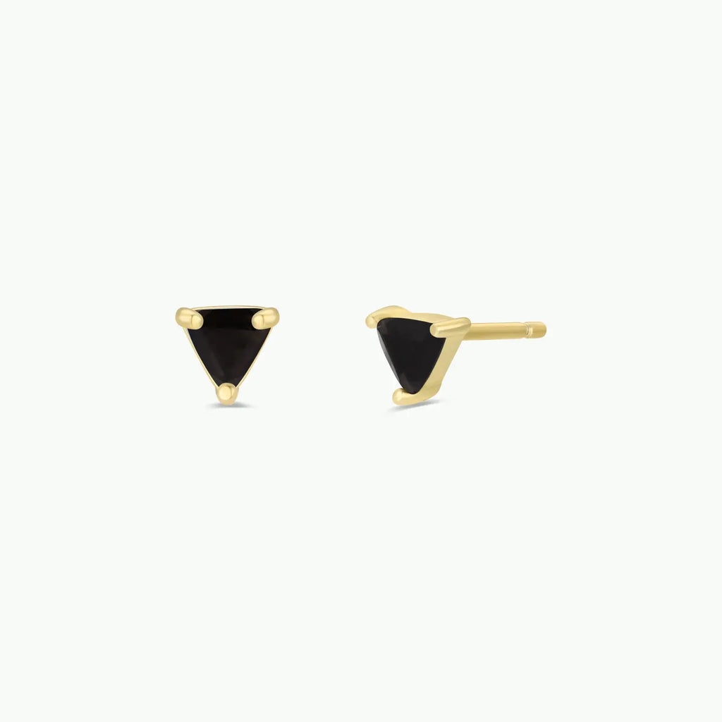 Gold triangle-shaped earrings with black stones on a white background