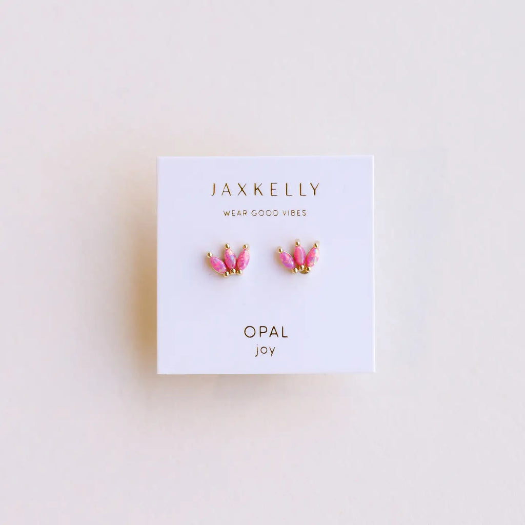 Jaxkelly Opal Joy earrings on a white card with a light beige background