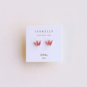 Jaxkelly Opal Joy earrings on a white card with a light beige background