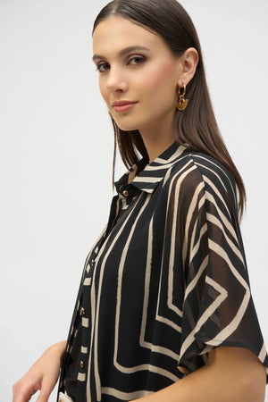 Lightweight chiffon, relaxed short dolman sleeves, and a mesmerizing geometric print come together to create a refreshing, easy-to-wear blouse. A shirt collar gives the piece soft tailoring, while a straight silhouette offers comfort and versatility.