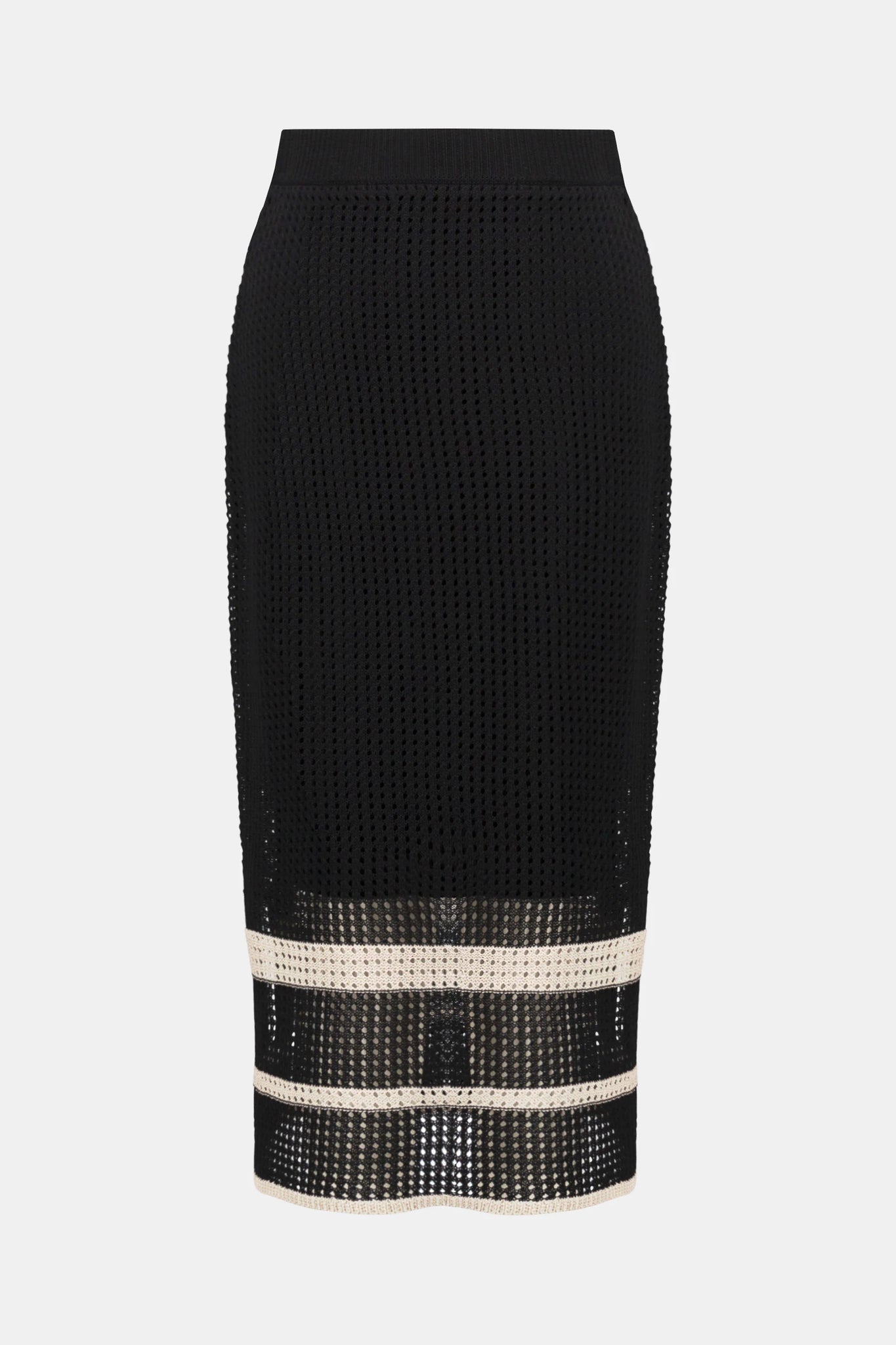 Cut from a delectable sweater knit featuring open stitch detailing and placement stripes, this sophisticated skirt makes a smart addition to your wardrobe. Finished with a comfortable elastic waistband, sultry side slits, and lightweight knit lining, this piece can be worn with its matching coverup for a coordinated look.