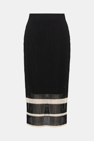 Cut from a delectable sweater knit featuring open stitch detailing and placement stripes, this sophisticated skirt makes a smart addition to your wardrobe. Finished with a comfortable elastic waistband, sultry side slits, and lightweight knit lining, this piece can be worn with its matching coverup for a coordinated look.
