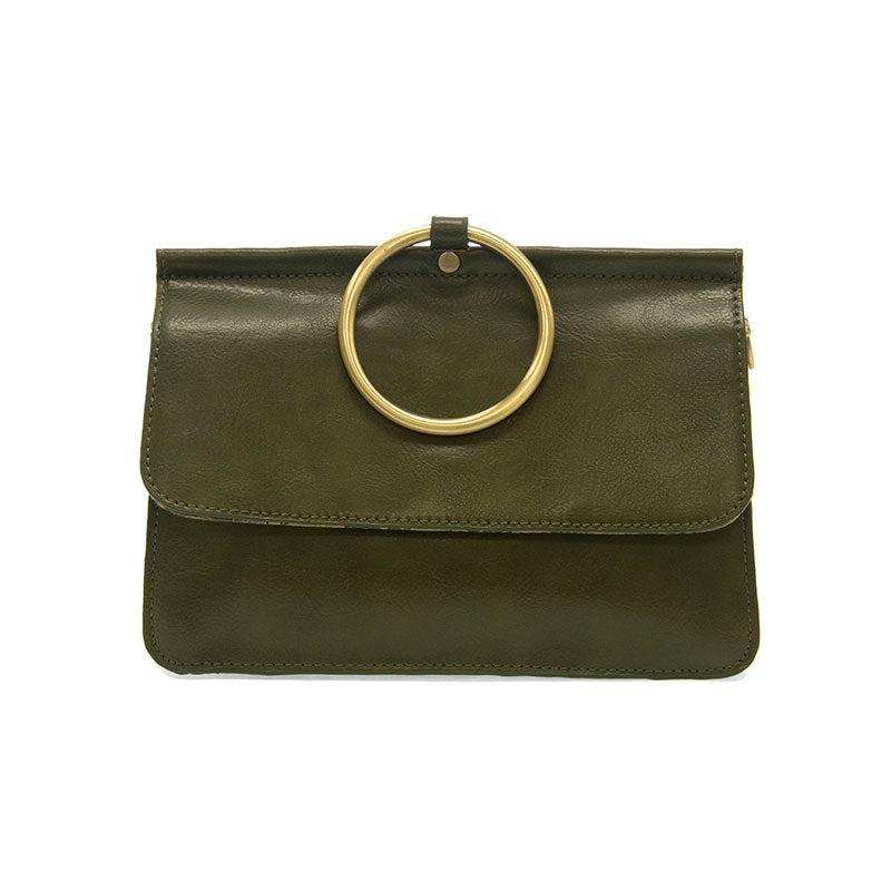 Green leather clutch with gold ring handle on a white background