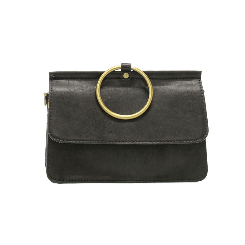 Black handbag with a gold ring handle on a white background
