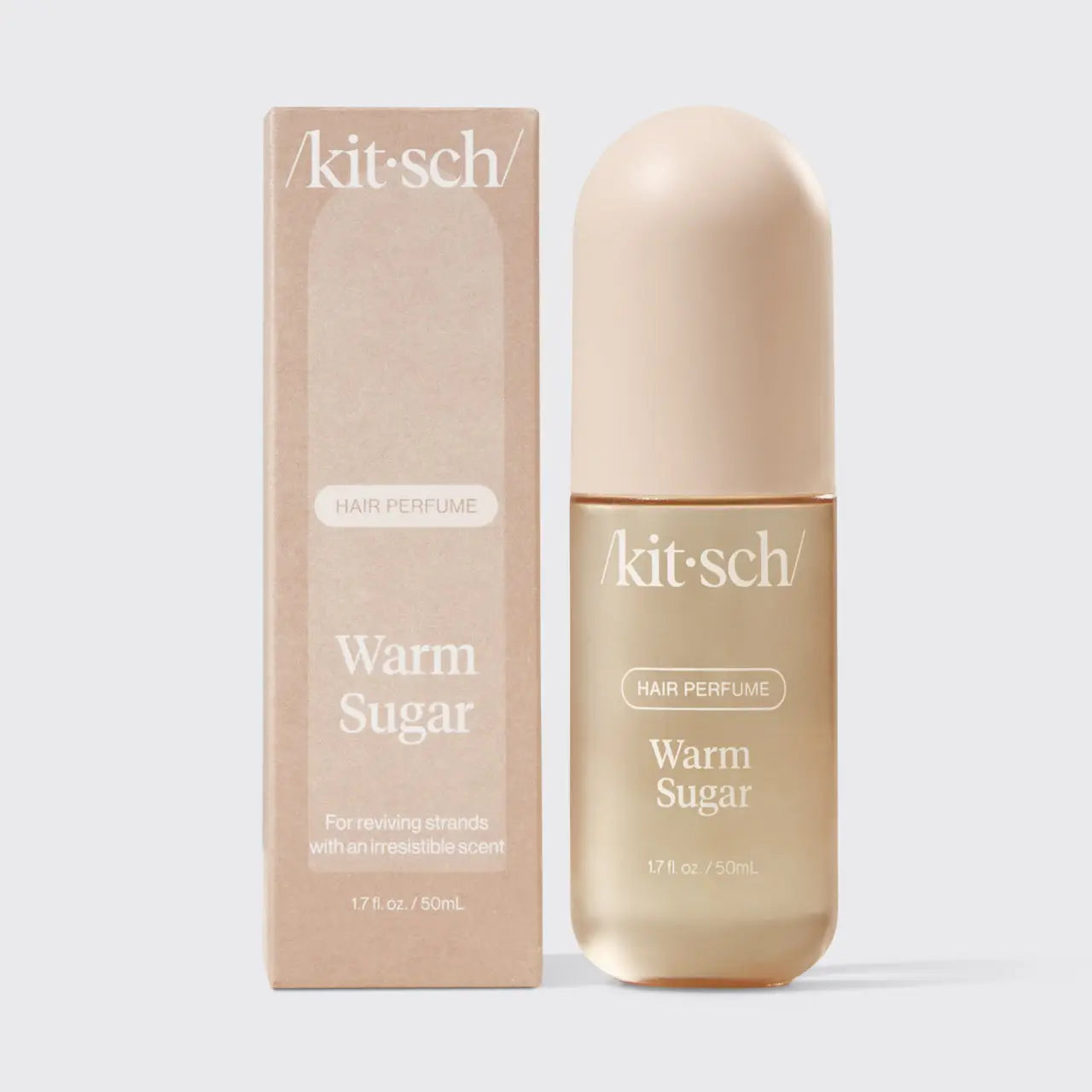 Kit-sch Warm Sugar hair perfume bottle and packaging on a white background
