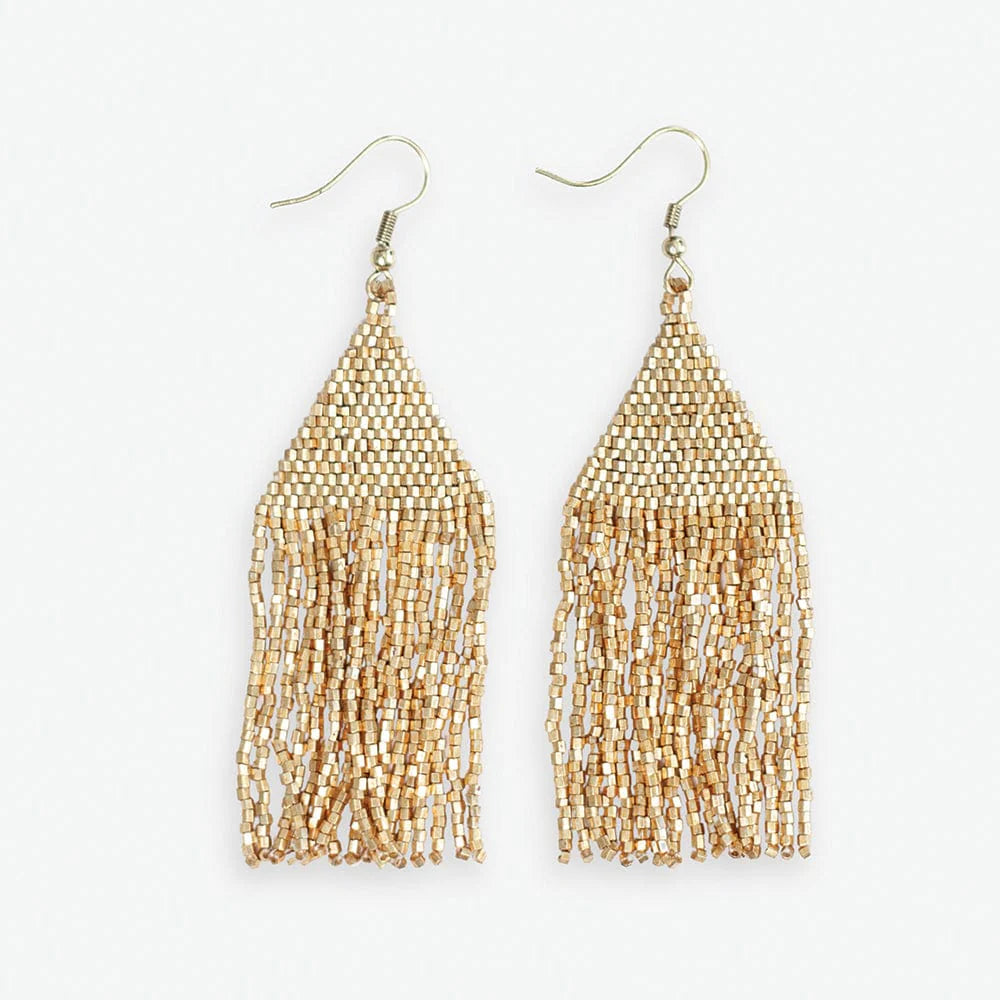 Part of our luxe collection accessories, the luxe petite fringe earring is hand crafted by artisans in India. Delicate glass beads with an elegant shimmer are woven for a luminous, lightweight and effortlessly cool beaded statement accessory.