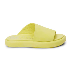 Vegan, slide sandal with an asymmetrical top band.