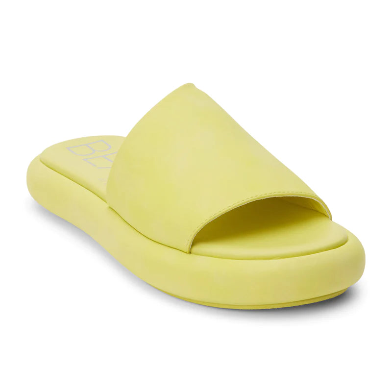 Vegan, slide sandal with an asymmetrical top band.