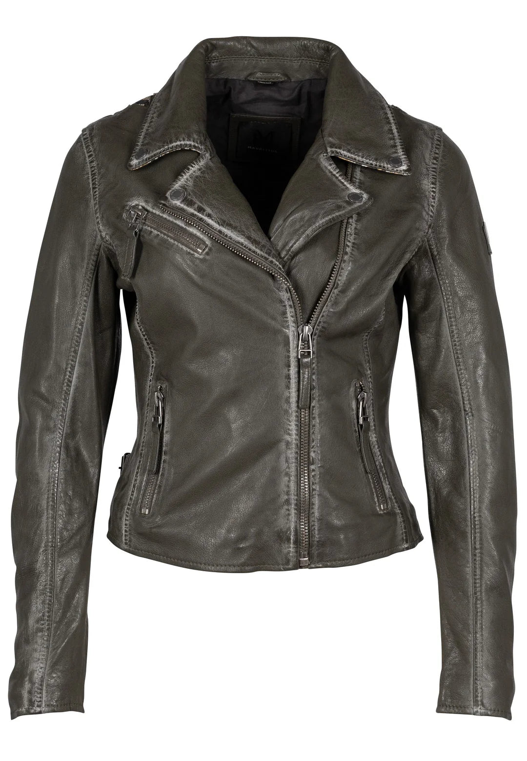 Ahhh… the famous star jacket – highlighted in many cameos on tv and movies, this style announces she has arrived.&nbsp; Made of 100% vegetable tanned and ethically produced lambskin leather, this jacket will catch the eye of many admirers.&nbsp; The seams are gently polished to ensure a distressed effect, the inside of the pockets, inside of the cuff zips and under the collar give a fabulous contrast pop of color!