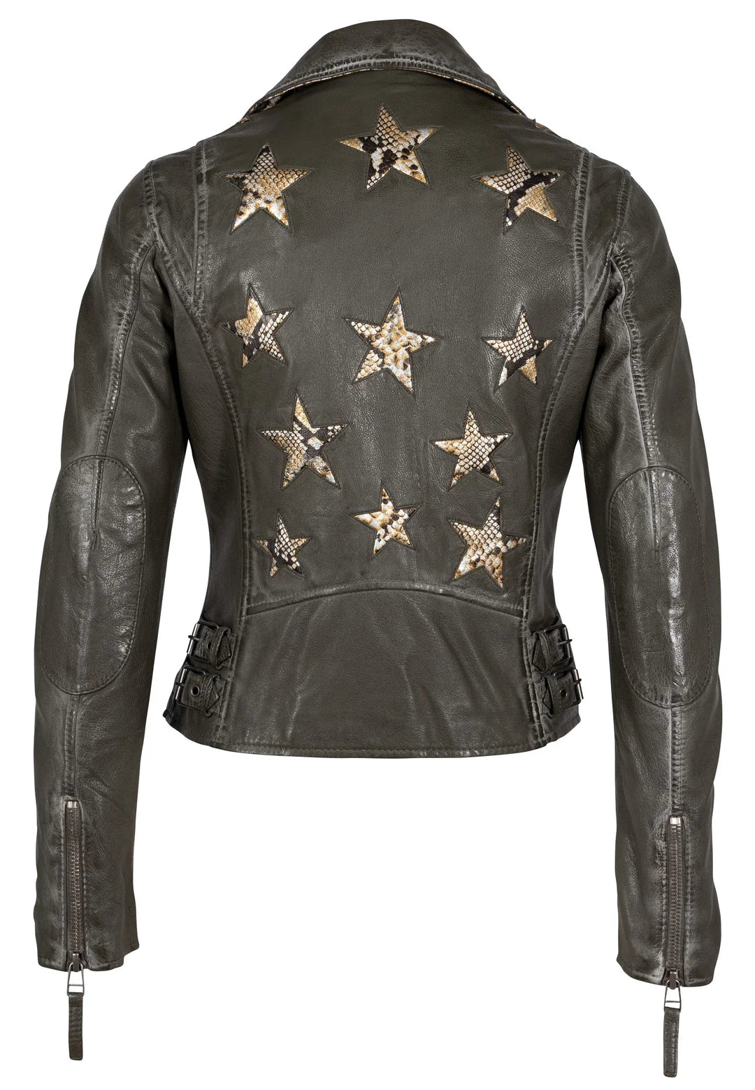 Ahhh… the famous star jacket – highlighted in many cameos on tv and movies, this style announces she has arrived.&nbsp; Made of 100% vegetable tanned and ethically produced lambskin leather, this jacket will catch the eye of many admirers.&nbsp; The seams are gently polished to ensure a distressed effect, the inside of the pockets, inside of the cuff zips and under the collar give a fabulous contrast pop of color!