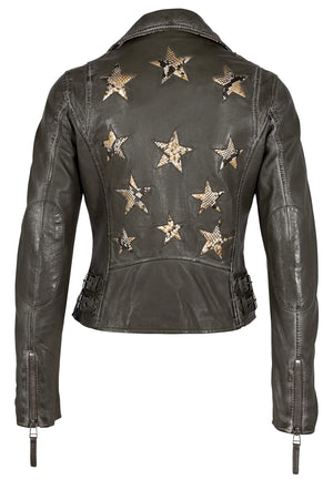 Ahhh… the famous star jacket – highlighted in many cameos on tv and movies, this style announces she has arrived.&nbsp; Made of 100% vegetable tanned and ethically produced lambskin leather, this jacket will catch the eye of many admirers.&nbsp; The seams are gently polished to ensure a distressed effect, the inside of the pockets, inside of the cuff zips and under the collar give a fabulous contrast pop of color!