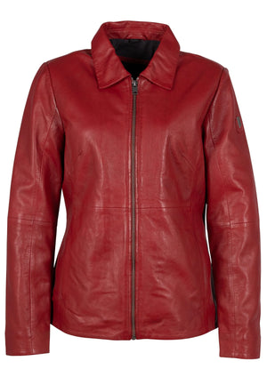 The Kelley CF Leather Jacket in Red exudes both chic and class. Its unique, swallow-tailed collar adds a touch of elegance, while the comfort fit ensures you'll feel great wearing it. Perfect for any occasion, this jacket is a must-have addition to your wardrobe.